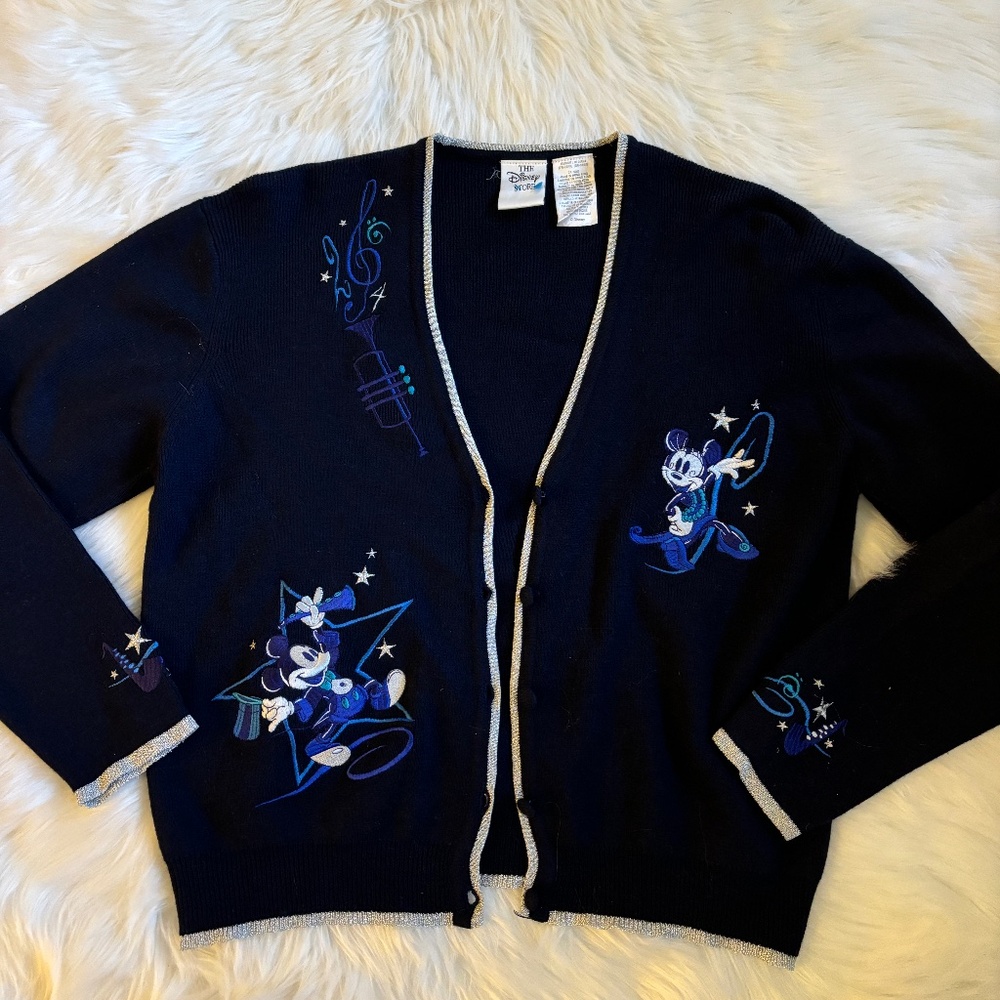 Vintage Disney Mickey Mouse & Minnie Musical Blue Cardigan Sweater